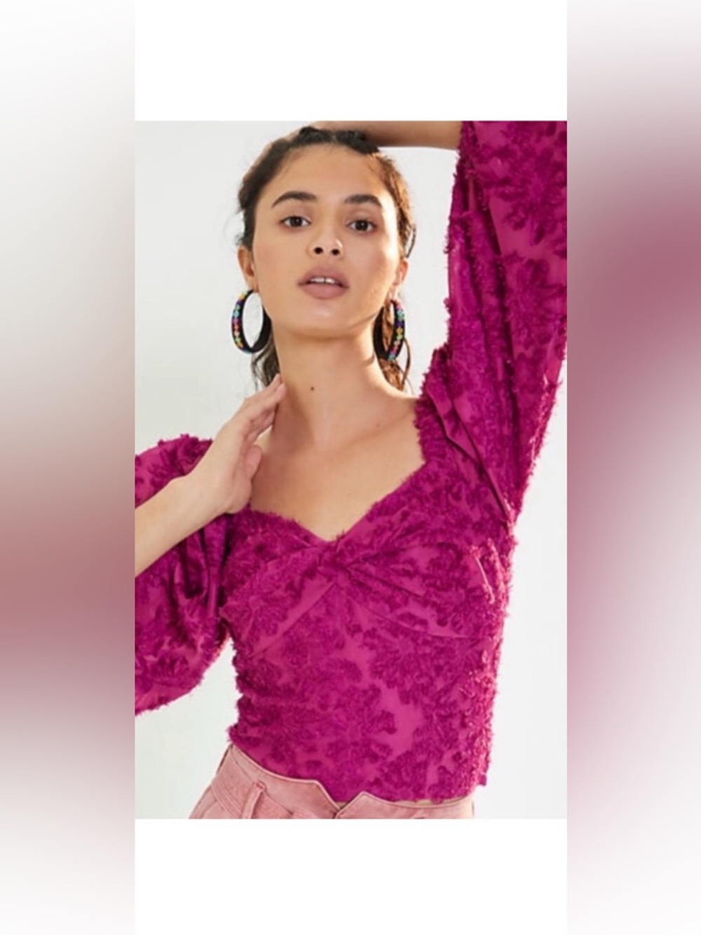 Anthropologie Hutch Kena Medley Cropped Puff Sleeve Blouse Berry Size L
